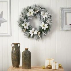 24" White LED Lights Flocked Poinsettia & Pine Artificial Christmas Wreath -Michaels Store D479011S 5