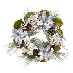 24" Silver Poinsettia, Hydrangea & Pinecones Artificial Christmas Wreath
