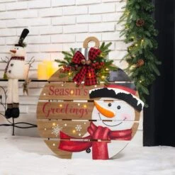 Glitzhome® 30" Lighted Round Wooden Snowman Porch Décor With Timer -Michaels Store D479470S 2