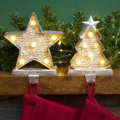 Glitzhome® 8" Marquee LED Christmas Tree & Star Wooden & Metal Stocking Holder Set -Michaels Store D479484S 2