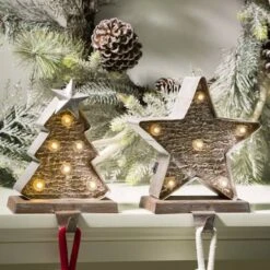 Glitzhome® 8" Marquee LED Christmas Tree & Star Wooden & Metal Stocking Holder Set -Michaels Store D479484S 3
