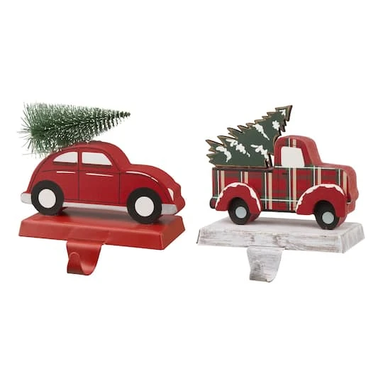 Glitzhome® Wooden & Metal Red Car & Truck Stocking Holder Set 2 Glitzhome® Wooden & Metal Red Car & Truck Stocking Holder Set - Image 2