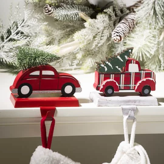 Glitzhome® Wooden & Metal Red Car & Truck Stocking Holder Set 3 Glitzhome® Wooden & Metal Red Car & Truck Stocking Holder Set - Image 3