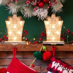 Glitzhome® 8" Marquee LED Gift Box Wooden & Metal Stocking Holder Set -Michaels Store D479490S 2