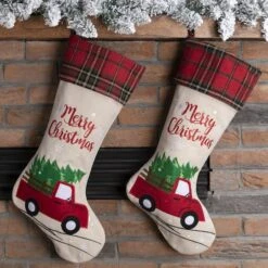 Glitzhome® 21" Red Truck Embroidered Linen Stocking, Set Of 2 -Michaels Store D479588S 3