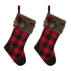 Glitzhome® 21" Black & Red Buffalo Plaid Pompom Stockings, 2ct.
