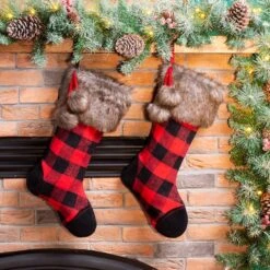 Glitzhome® 21" Black And Red Buffalo Plaid Pompom Stocking, Set Of 2 -Michaels Store D479591S 2