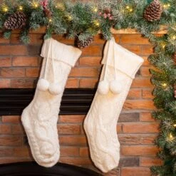 Glitzhome® 24" White Knitted Polyester Christmas Stocking With Pom Pom, 2ct. -Michaels Store D479601S 2