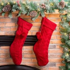 Glitzhome® 24" Red Knitted Polyester Christmas Stocking With Pom Pom, 2ct. -Michaels Store D479603S 2