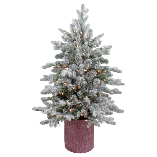 Northlight 4ft. Pre-Lit Flocked Saratoga Spruce Artificial Christmas Tree In Decorative Pot, Clear Lights 2 Northlight 4ft. Pre-Lit Flocked Saratoga Spruce Artificial Christmas Tree In Decorative Pot, Clear Lights - Image 2