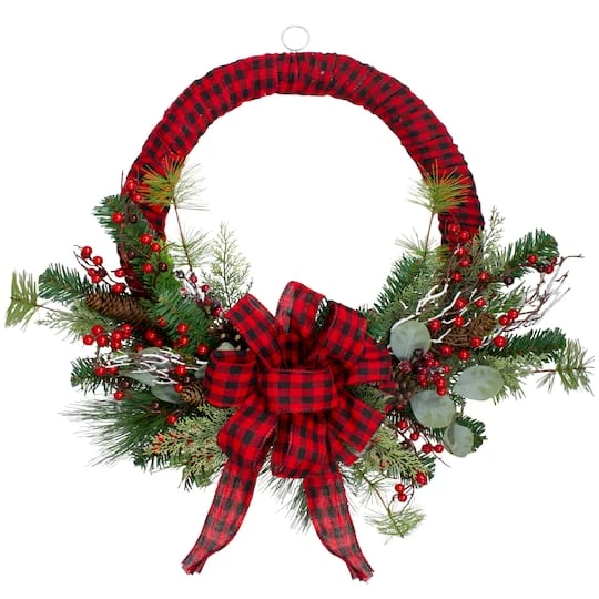 Northlight 24" Red And Black Buffalo Plaid And Berry Artificial Wreath 2 Northlight 24" Red And Black Buffalo Plaid And Berry Artificial Wreath - Image 2
