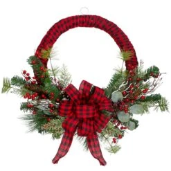 Northlight 24" Red And Black Buffalo Plaid And Berry Artificial Wreath