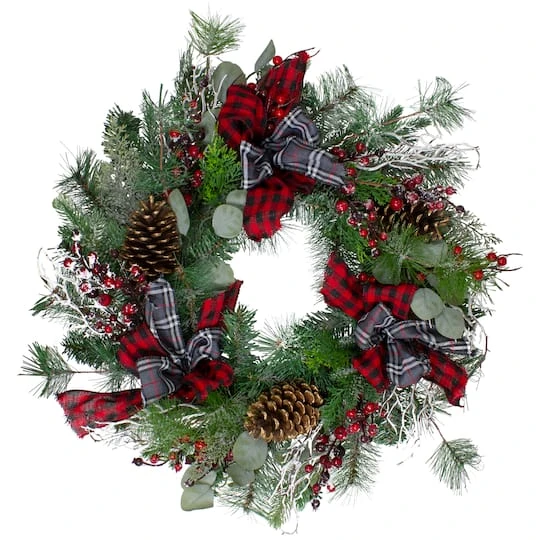 Northlight 24" Flocked Dual Plaid And Berries Artificial Wreath 1 Northlight 24" Flocked Dual Plaid And Berries Artificial Wreath