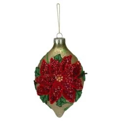 Northlight 6.5" Glitter Red & Gold Poinsettia Glass Finial Christmas Ornament