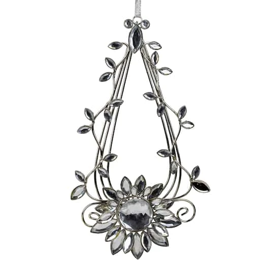 7" Silver Flower Jeweled Teardrop Christmas Ornament 3 7" Silver Flower Jeweled Teardrop Christmas Ornament - Image 3