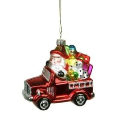 Northlight 4" Red Fire Truck With Santa & Presents Glass Christmas Ornament