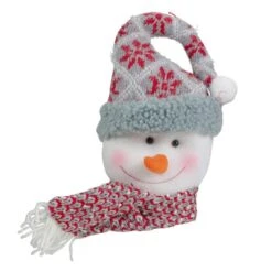 Northlight 11" Gray & Red Plush Knit Snowman Head Christmas Ornament