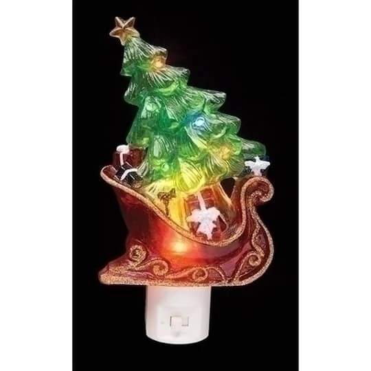 Roman 7.5" Green & Red Sleigh With Christmas Tree LED Night Light 1 Roman 7.5" Green & Red Sleigh With Christmas Tree LED Night Light