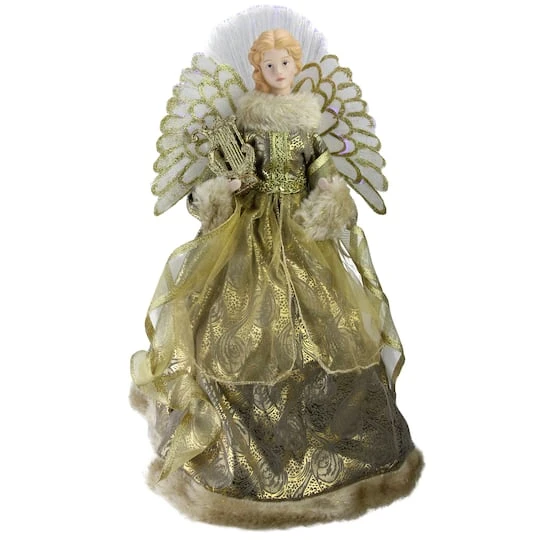 Northlight 16" Gold & Brown Lighted Angel In Gown With Harp Tree Topper 1 Northlight 16" Gold & Brown Lighted Angel In Gown With Harp Tree Topper