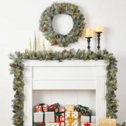 Glitzhome® 24" Pre-Lit Glittered Pinecone Christmas Wreath & Matched 9ft. Garlands Set -Michaels Store D493614S 2