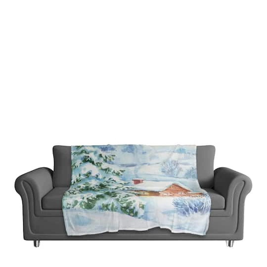 Watercolor Winter Cabin 50x60 Coral Fleece Blanket 4 Watercolor Winter Cabin 50x60 Coral Fleece Blanket - Image 4