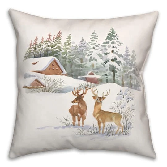 Winter Watercolor Deer 18x18 Throw Pillow 2 Winter Watercolor Deer 18x18 Throw Pillow - Image 2