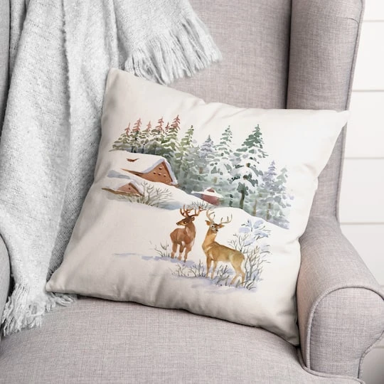 Winter Watercolor Deer 18x18 Throw Pillow 3 Winter Watercolor Deer 18x18 Throw Pillow - Image 3