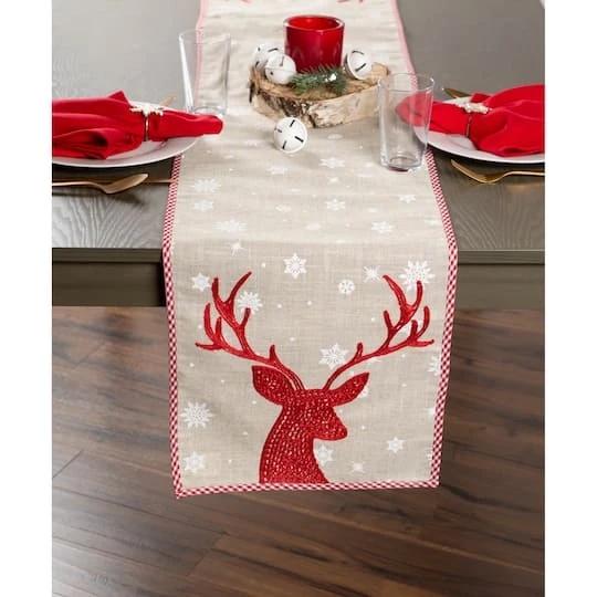 DII® 70" Red Reindeer Embroidered Table Runner 3 DII® 70" Red Reindeer Embroidered Table Runner - Image 3