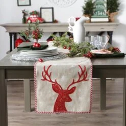 DII® 108" Red Reindeer Embroidered Table Runner -Michaels Store D540115S 9