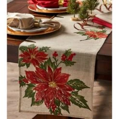 DII® 70" Cream Poinsettia Holly Embroidered Table Runner -Michaels Store D540119S 3