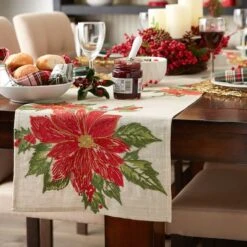 DII® 70" Cream Poinsettia Holly Embroidered Table Runner -Michaels Store D540119S 5