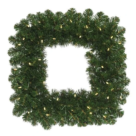24" Pre-Lit Oregon Fir Christmas Square Wreath, Warm White LED Lights 2 24" Pre-Lit Oregon Fir Christmas Square Wreath, Warm White LED Lights - Image 2