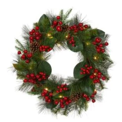 GlitzhomeĀ® 24" Pre-Lit Berry, Magnolia Leaf & Pinecone Wreath