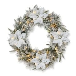 GlitzhomeĀ® 24" Pre-Lit Snow Flocked Greenery Pine Poinsettia Christmas Wreath
