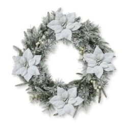 Glitzhome® 24" Pre-Lit Snow Flocked Greenery Pine Poinsettia Christmas Wreath -Michaels Store D652255S 7