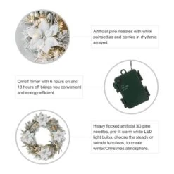 Glitzhome® 24" Pre-Lit Snow Flocked Greenery Pine Poinsettia Christmas Wreath & Matched 2 Pack 9ft. Garland Set -Michaels Store D652258S 7