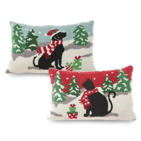 Glitzhome® Hooked Christmas Cat & Dog Pillows, 2ct. 2 Glitzhome® Hooked Christmas Cat & Dog Pillows, 2ct. - Image 2