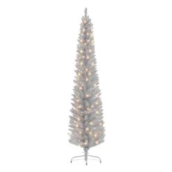 6ft. Pre-Lit Silver Tinsel Artificial Christmas Tree, Clear Lights