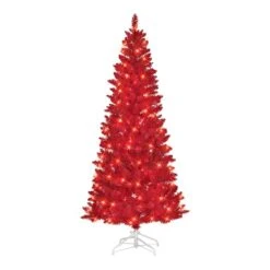 6.5ft. Pre-Lit Flocked Fashion Red Artificial Christmas Tree, Clear LED Lights