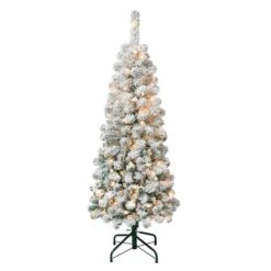 4.5ft. Pre-Lit Flocked Acacia Pencil Artificial Christmas Tree, Clear Lights