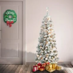 4.5ft. Pre-Lit Flocked Acacia Pencil Artificial Christmas Tree, Clear Lights -Michaels Store D671888S 2
