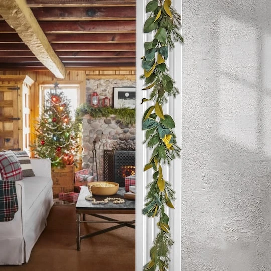 9" Christmas Magnolia Mix Pine Garland With Fabric Bow, Warm White LED Lights 3 9" Christmas Magnolia Mix Pine Garland With Fabric Bow, Warm White LED Lights - Image 3