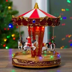 Northlight 11" Red & White LED Animated Christmas Carousel With Horses -Michaels Store D676307S 2
