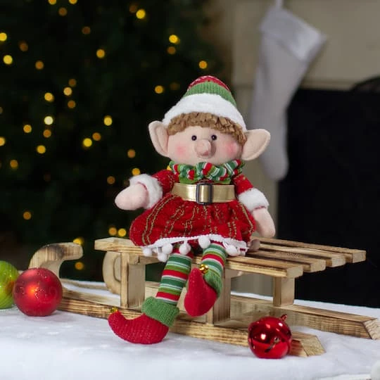 Northlight 14'' Red And Green Plush Jingle Bell Girl Elf Christmas Figure 3 Northlight 14'' Red And Green Plush Jingle Bell Girl Elf Christmas Figure - Image 3