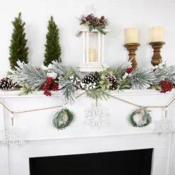 Northlight 4.75ft. Snowflake & Frosted Pine With Wooden Beads Christmas Garland -Michaels Store D676709S 12