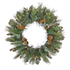 First Traditions⢠30'' Pre-Lit Artificial North Conway Wreath With Glittery Cones And Eucalyptus