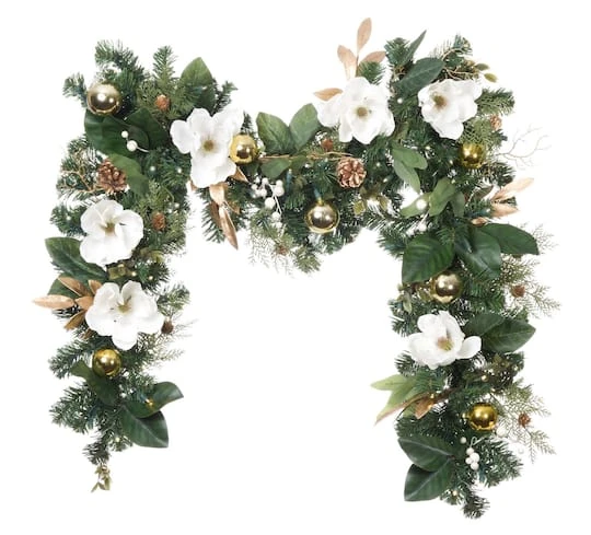 9ft. Pre-Lit Artificial White & Gold Magnolia Christmas Garland White Gold Magnolia 4 9ft. Pre-Lit Artificial White & Gold Magnolia Christmas Garland White Gold Magnolia - Image 4