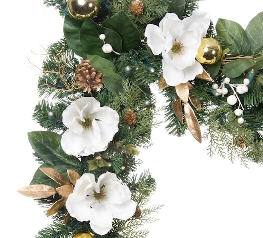 9ft. Pre-Lit Artificial White & Gold Magnolia Christmas Garland White Gold Magnolia 1 9ft. Pre-Lit Artificial White & Gold Magnolia Christmas Garland White Gold Magnolia