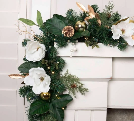 9ft. Pre-Lit Artificial White & Gold Magnolia Christmas Garland White Gold Magnolia 5 9ft. Pre-Lit Artificial White & Gold Magnolia Christmas Garland White Gold Magnolia - Image 5